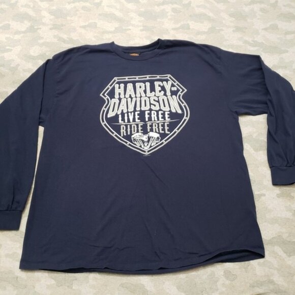 Harley Davidson Shirt Mens 2XL Blue Pullover Long Sleeve Motorcycle Boston - Picture 1 of 5